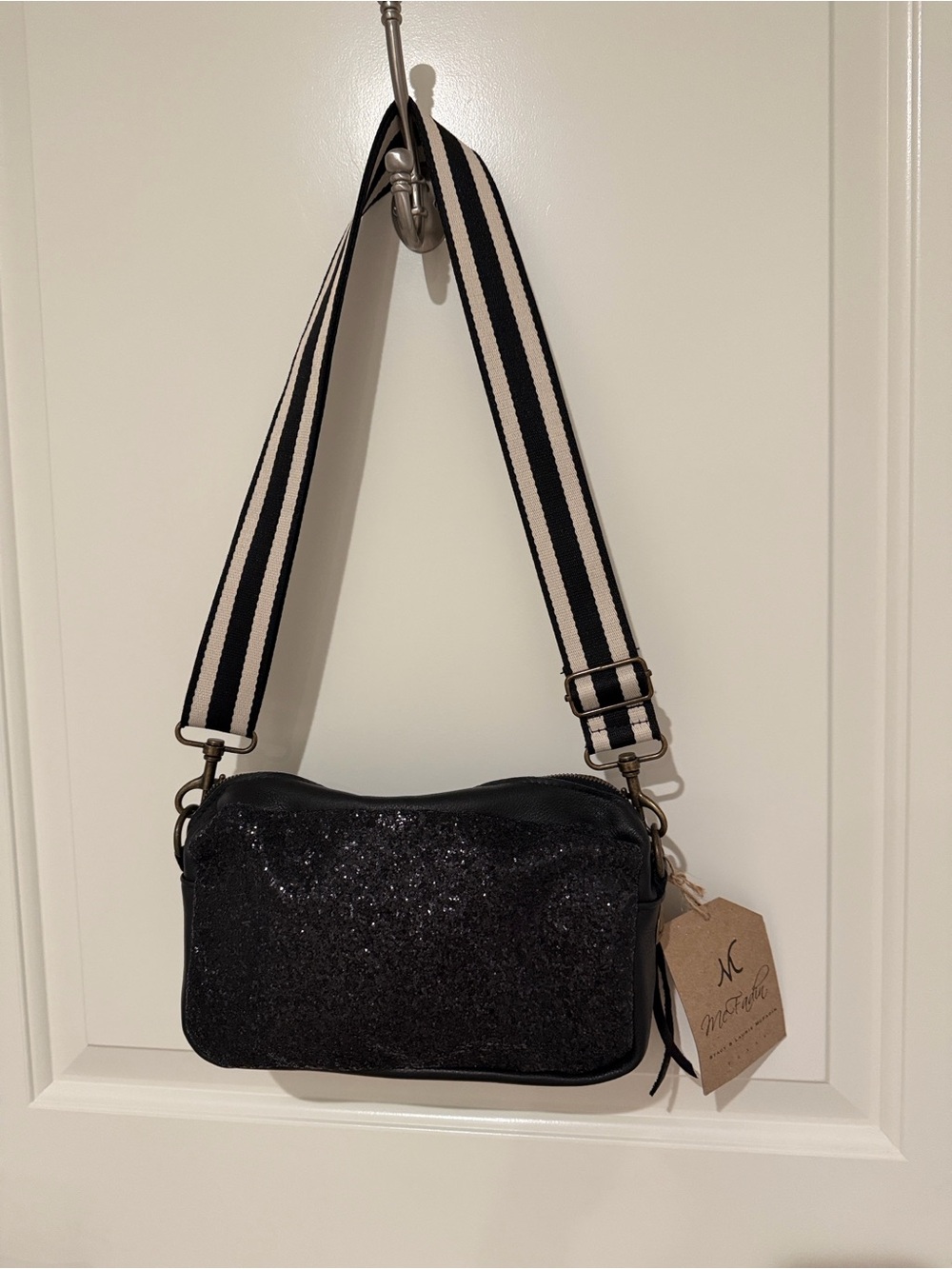 McFadin Texas Glitter Crossbody Bag with Striped Strap - Black